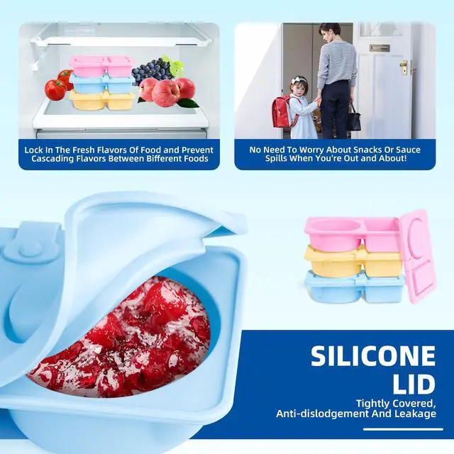 Alt view image 4 of 6 - 3 Pack Silicone Reusable Snack Containers with Lids, Double Compartment Snackle Box Containers, Salad Dressing Sauce Seasoning Container, Small Mini Food Snack Boxs for Travel, Office, Picnic