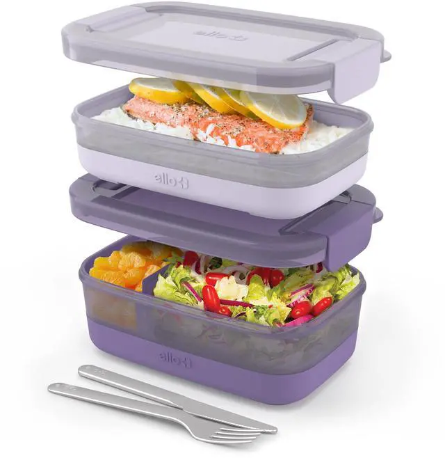 Main image of 2-Pack Bento Box Lunch Stack Plastic Food Storage Container | Leak-Proof Locking Plastic Lids | Silicone Base | BPA-Free | Freezer Microwave and Dishwasher Safe | Wisteria