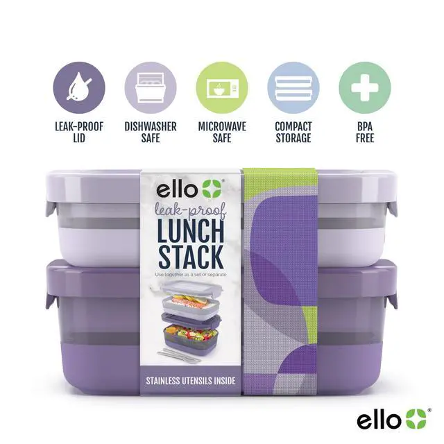 Alt view image 3 of 6 - 2-Pack Bento Box Lunch Stack Plastic Food Storage Container | Leak-Proof Locking Plastic Lids | Silicone Base | BPA-Free | Freezer Microwave and Dishwasher Safe | Wisteria