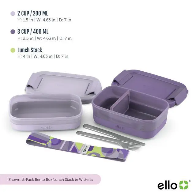 Alt view image 4 of 6 - 2-Pack Bento Box Lunch Stack Plastic Food Storage Container | Leak-Proof Locking Plastic Lids | Silicone Base | BPA-Free | Freezer Microwave and Dishwasher Safe | Wisteria