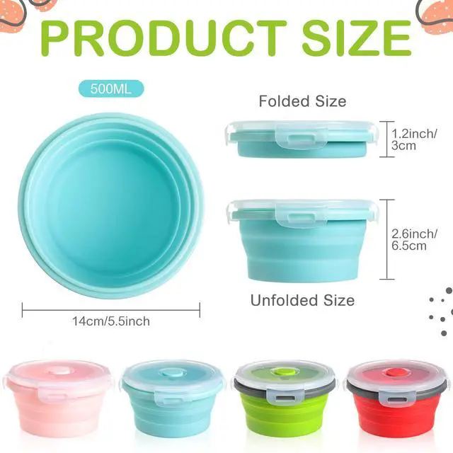 Alt view image 2 of 6 - 4 Pcs Collapsible Bowls with Lids Silicone Camping Food Storage Container Expandable Folding Salad Lunch Box Travel Container for Hiking Camping(Red, Pink, Blue, Green,17 oz)