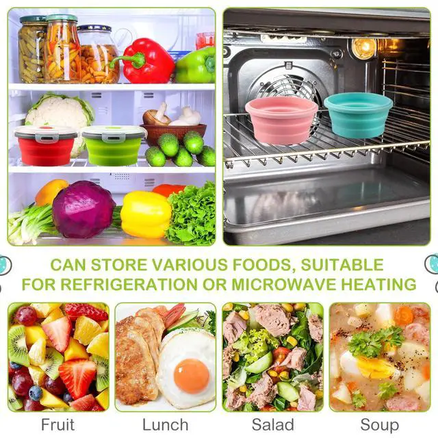 Alt view image 5 of 6 - 4 Pcs Collapsible Bowls with Lids Silicone Camping Food Storage Container Expandable Folding Salad Lunch Box Travel Container for Hiking Camping(Red, Pink, Blue, Green,17 oz)