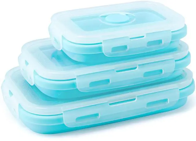 Main image of 3 Pack Collapsible Silicone Food Storage Containers, Foldable Food Containers with Lids, Silicone Collapsible Bowls for Kitchen, Microwave Freezer Dishwasher Safe (Blue 350ml 500ml 800ml)
