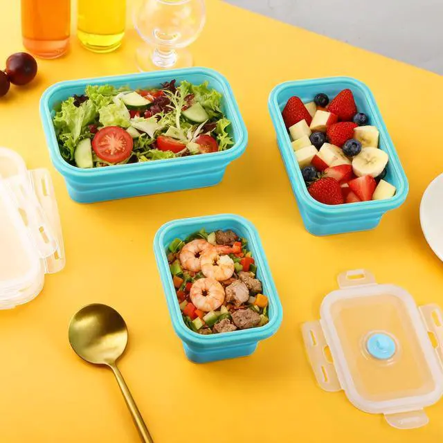 Alt view image 7 of 7 - 3 Pack Collapsible Silicone Food Storage Containers, Foldable Food Containers with Lids, Silicone Collapsible Bowls for Kitchen, Microwave Freezer Dishwasher Safe (Blue 350ml 500ml 800ml)