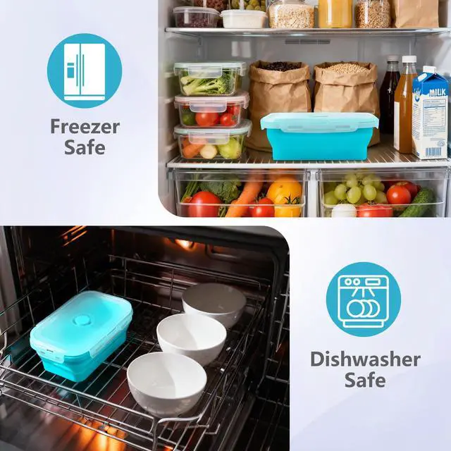 Alt view image 6 of 7 - 3 Pack Collapsible Silicone Food Storage Containers, Foldable Food Containers with Lids, Silicone Collapsible Bowls for Kitchen, Microwave Freezer Dishwasher Safe (Blue 350ml 500ml 800ml)