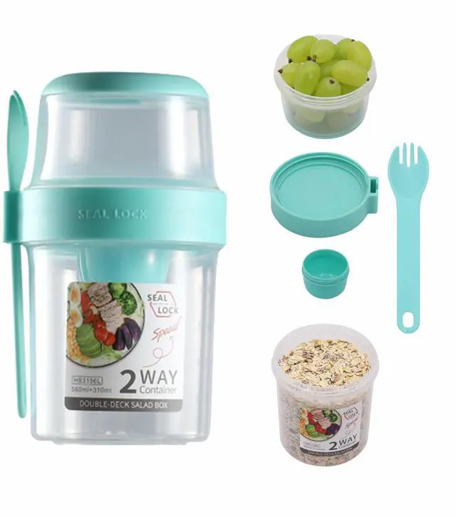 Main image of Breakfast On The Go Cups, Salad Cup To Go, Take And Go Yogurt Cereal Overnight Oats Snack Parfait Containers & Salad Dressing Holder With Fork For Lunch, Fruit & Vegetable Jar(Green,29.5oz)