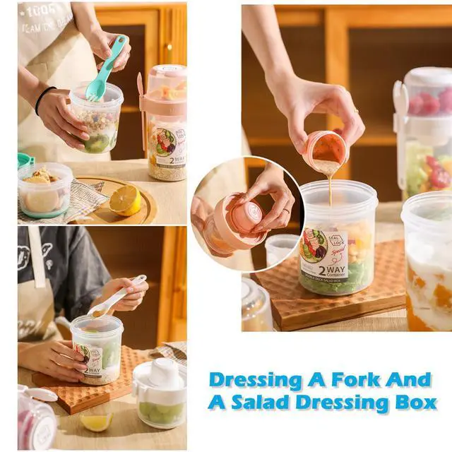 Alt view image 4 of 6 - Breakfast On The Go Cups, Salad Cup To Go, Take And Go Yogurt Cereal Overnight Oats Snack Parfait Containers & Salad Dressing Holder With Fork For Lunch, Fruit & Vegetable Jar(Green,29.5oz)