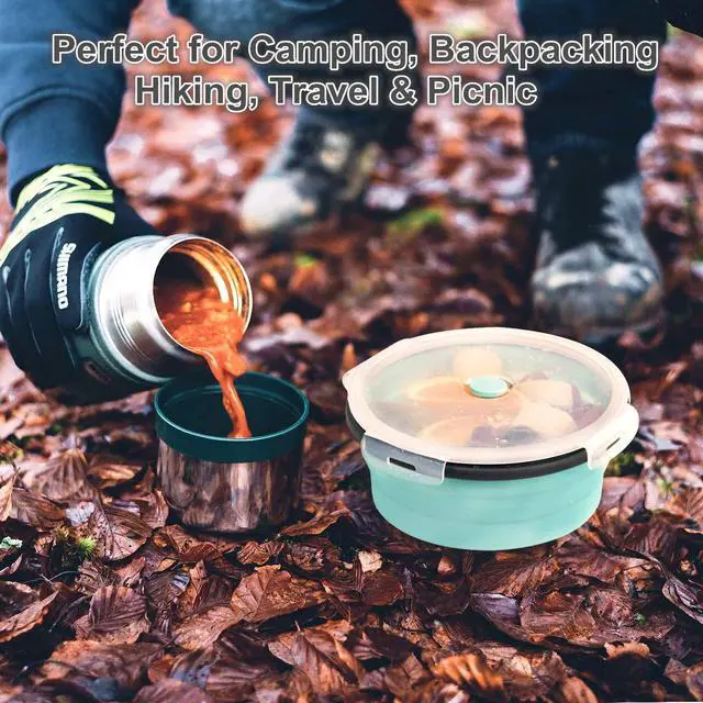 Alt view image 4 of 7 - Collapsible Silicone Camping Bowl with Airtight Lid, Large 1200ml/42oz, Foldable Bowl for Travel, RV, Leakproof Food Storage, Microwave & Fridge Safe, Includes Stainless Steel Fork