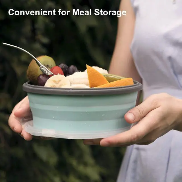 Alt view image 5 of 7 - Collapsible Silicone Camping Bowl with Airtight Lid, Large 1200ml/42oz, Foldable Bowl for Travel, RV, Leakproof Food Storage, Microwave & Fridge Safe, Includes Stainless Steel Fork