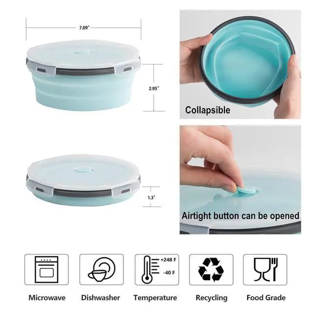 Alt view image 6 of 7 - Collapsible Silicone Camping Bowl with Airtight Lid, Large 1200ml/42oz, Foldable Bowl for Travel, RV, Leakproof Food Storage, Microwave & Fridge Safe, Includes Stainless Steel Fork