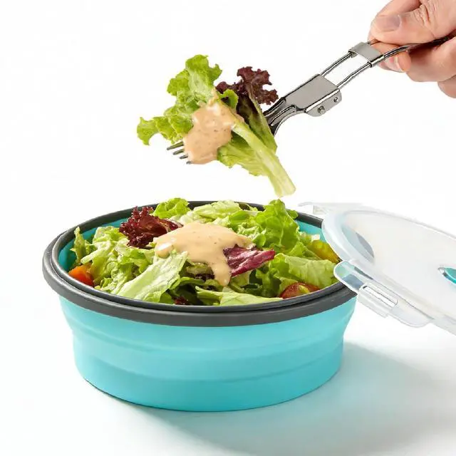 Main image of Collapsible Silicone Camping Bowl with Airtight Lid, Large 1200ml/42oz, Foldable Bowl for Travel, RV, Leakproof Food Storage, Microwave & Fridge Safe, Includes Stainless Steel Fork