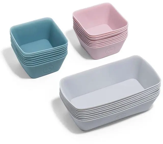 Main image of Reusable Silicone Bento Baking Cups, Non-Toxic, BPA Free, Dishwasher Safe Bento Box Accessories Lunch Box Dividers, Square and Rectangle, 24 Pack, Pink, Blue, Gray