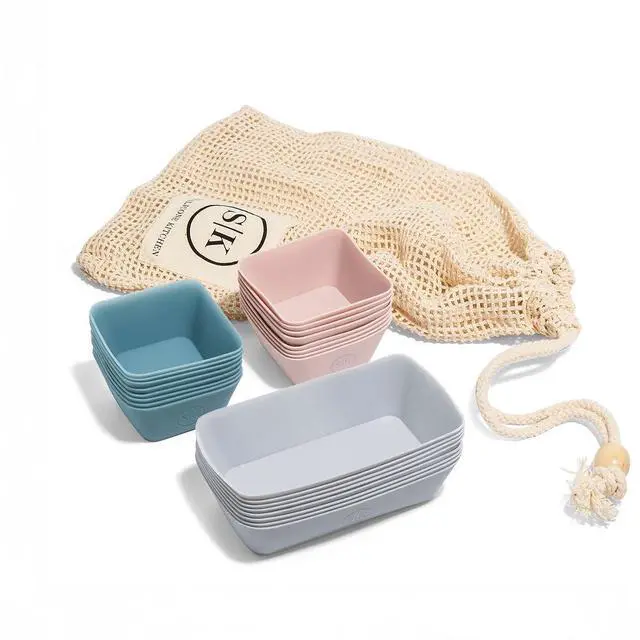 Alt view image 7 of 7 - Reusable Silicone Bento Baking Cups, Non-Toxic, BPA Free, Dishwasher Safe Bento Box Accessories Lunch Box Dividers, Square and Rectangle, 24 Pack, Pink, Blue, Gray