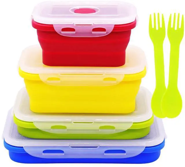 Main image of Set of 4 Collapsible Silicone Food Storage Containers With Lids,Leftover Meal Box For Kitchen, Microwave,Dishwasher and Freezer Safe, Foldable Bento Lunch Boxes, BPA Free