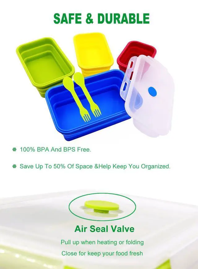 Alt view image 3 of 7 - Set of 4 Collapsible Silicone Food Storage Containers With Lids,Leftover Meal Box For Kitchen, Microwave,Dishwasher and Freezer Safe, Foldable Bento Lunch Boxes, BPA Free