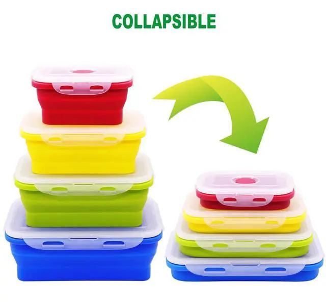 Alt view image 7 of 7 - Set of 4 Collapsible Silicone Food Storage Containers With Lids,Leftover Meal Box For Kitchen, Microwave,Dishwasher and Freezer Safe, Foldable Bento Lunch Boxes, BPA Free