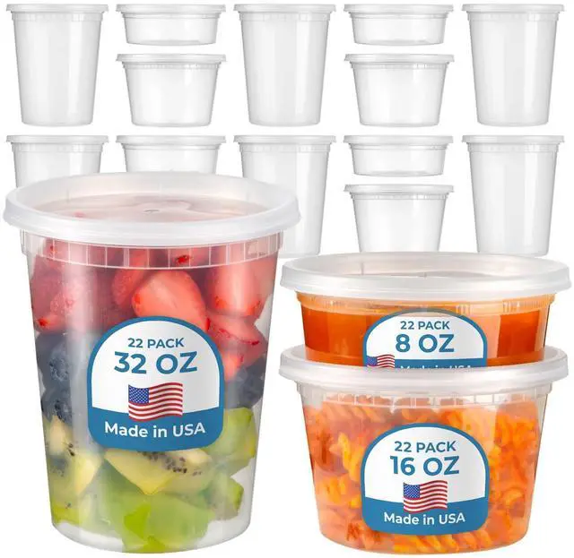 Main image of 66 Pack 8 16 32 oz Deli Containers with Lids, US Made Leakproof Quart Containers with Lids, Clear Plastic Food Storage Container with Lid, Microwave Freezer Safe Meal Prep Container