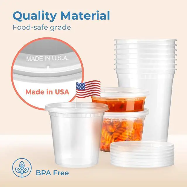 Alt view image 2 of 6 - 66 Pack 8 16 32 oz Deli Containers with Lids, US Made Leakproof Quart Containers with Lids, Clear Plastic Food Storage Container with Lid, Microwave Freezer Safe Meal Prep Container