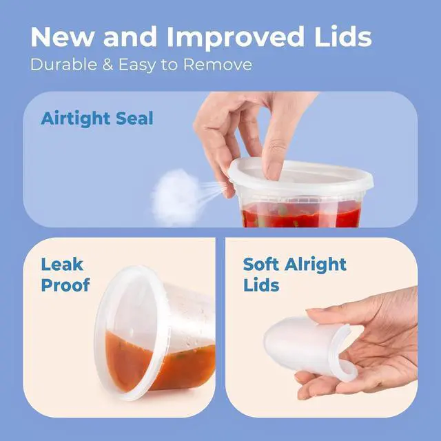 Alt view image 4 of 6 - 66 Pack 8 16 32 oz Deli Containers with Lids, US Made Leakproof Quart Containers with Lids, Clear Plastic Food Storage Container with Lid, Microwave Freezer Safe Meal Prep Container