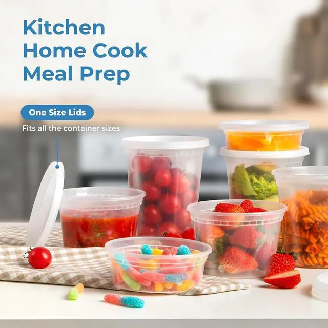 Alt view image 5 of 6 - 66 Pack 8 16 32 oz Deli Containers with Lids, US Made Leakproof Quart Containers with Lids, Clear Plastic Food Storage Container with Lid, Microwave Freezer Safe Meal Prep Container
