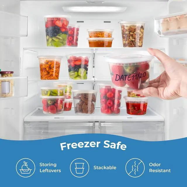 Alt view image 6 of 6 - 66 Pack 8 16 32 oz Deli Containers with Lids, US Made Leakproof Quart Containers with Lids, Clear Plastic Food Storage Container with Lid, Microwave Freezer Safe Meal Prep Container