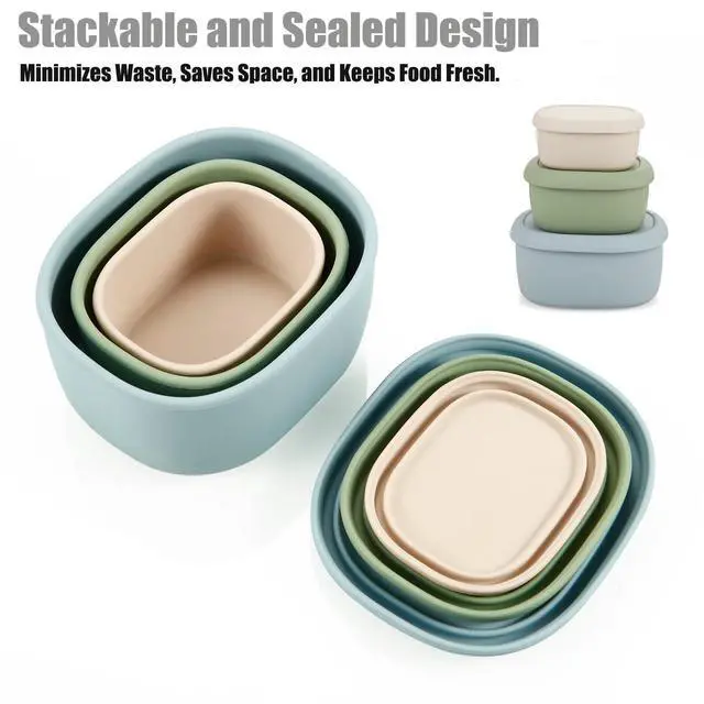Alt view image 5 of 7 - 3 Pack Silicone Food Storage Containers with Lids, Reusable Nesting Lunch Bento Box Set, BPA Free, Leakproof, Dishwasher Microwave Freezer Safe (6.7oz, 10oz, 20oz)