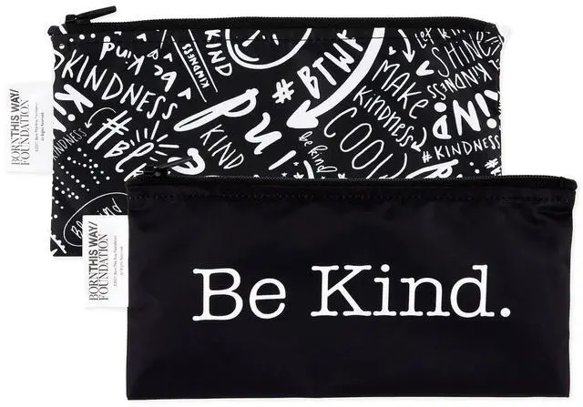 Main image of Reusable Snack Bags, for Kids School Lunch and for Adults Portion, Washable Fabric, Waterproof Cloth Zip Bag, Supplies Travel Pouch, Food-Safe Storage, 2-pk Born This Way Be Kind