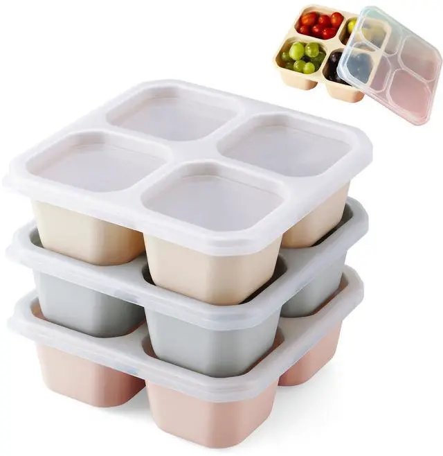 Main image of 3 Pack Silicone Snack Containers with Lids 4 Compartment Bento Lunch Box for Adults, Reusable Divided Food Storage for Daycare, Travel, Work, BPA Free, Microwave Safe