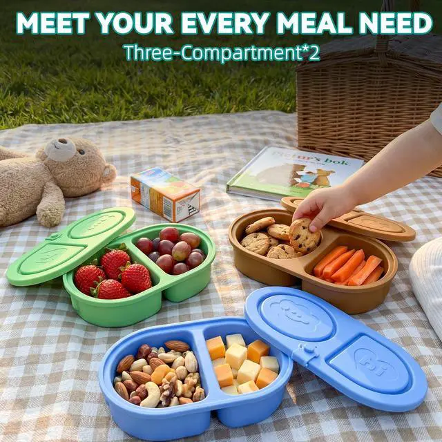 Alt view image 4 of 7 - 3 Pcs Reusable Bento Box, 2-Compartment Snack & Lunch Container for Adults, Food Grade Silicone, Microwave/Dishwasher/Freezer Safe, Ideal for Office, Camping and Picnic