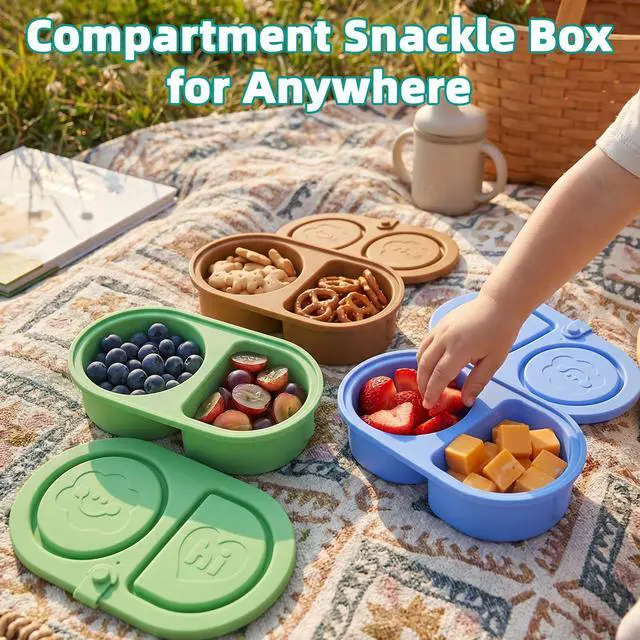 Alt view image 2 of 7 - 3 Pcs Reusable Bento Box, 2-Compartment Snack & Lunch Container for Adults, Food Grade Silicone, Microwave/Dishwasher/Freezer Safe, Ideal for Office, Camping and Picnic