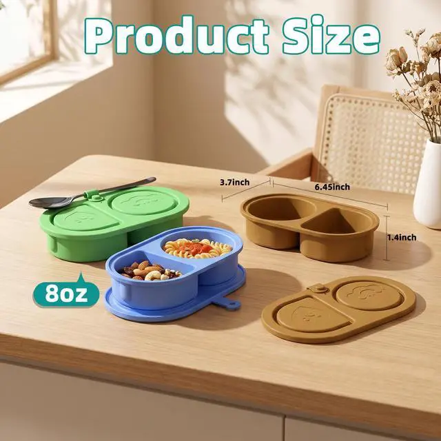 Alt view image 5 of 7 - 3 Pcs Reusable Bento Box, 2-Compartment Snack & Lunch Container for Adults, Food Grade Silicone, Microwave/Dishwasher/Freezer Safe, Ideal for Office, Camping and Picnic