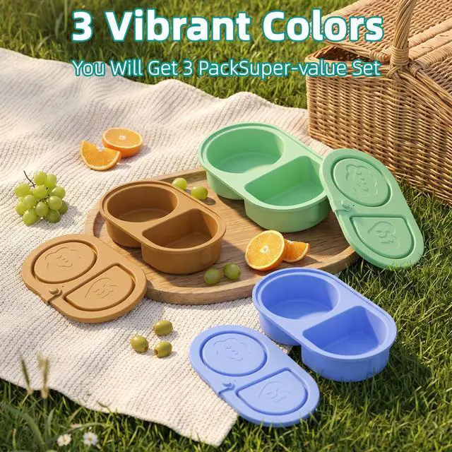 Alt view image 3 of 7 - 3 Pcs Reusable Bento Box, 2-Compartment Snack & Lunch Container for Adults, Food Grade Silicone, Microwave/Dishwasher/Freezer Safe, Ideal for Office, Camping and Picnic