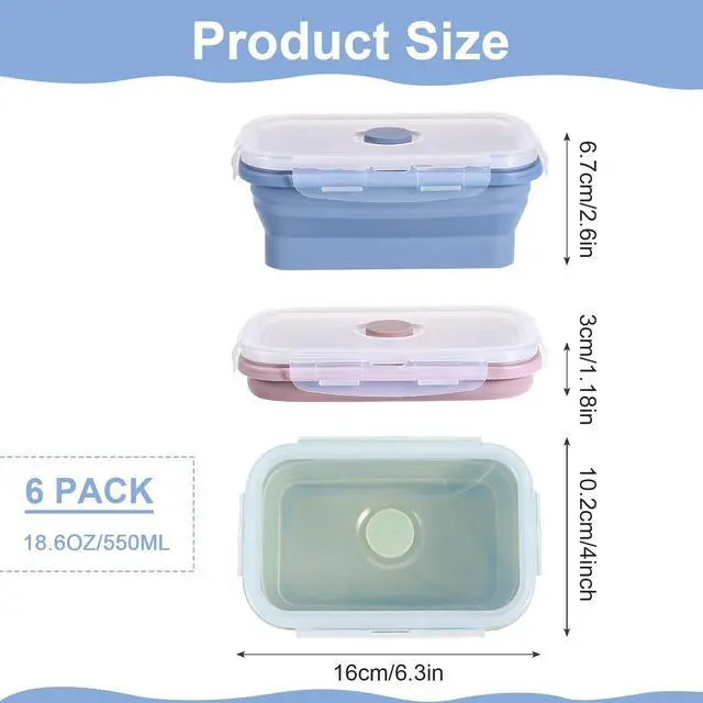 Alt view image 2 of 7 - 6 Pcs Silicone Food Containers 18.6 oz Collapsible Storage Containers with Airtight Lids Stacking Meal Prep Lunch Leftover Food Fruits Storage Foldable Box for Freezer Microwave Dishwasher Safe