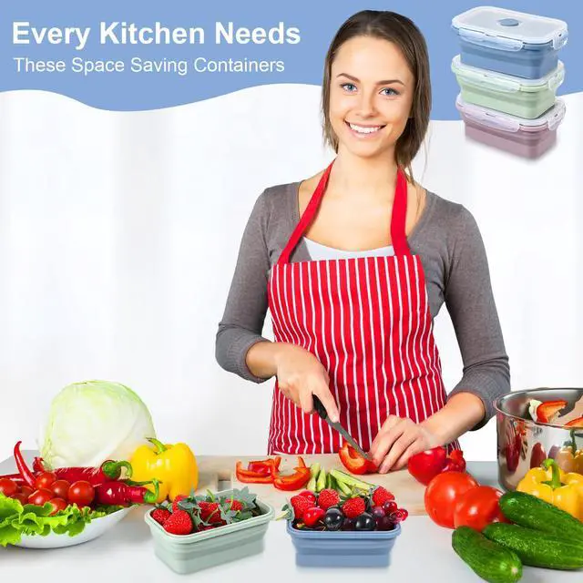 Alt view image 6 of 7 - 6 Pcs Silicone Food Containers 18.6 oz Collapsible Storage Containers with Airtight Lids Stacking Meal Prep Lunch Leftover Food Fruits Storage Foldable Box for Freezer Microwave Dishwasher Safe