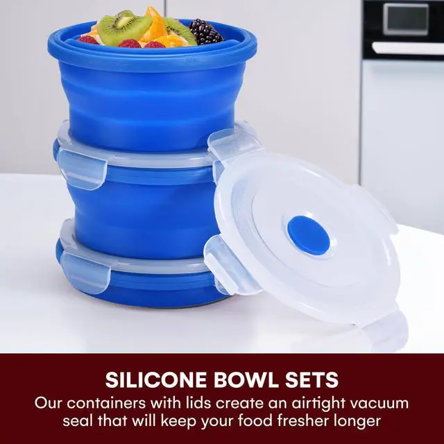 Alt view image 2 of 7 - Collapsible Food Storage Containers with Lids - 13.5oz/0.4L Silicone Bowls with Airtight Lid for Kitchen, Camping - BPA Free, Microwave, Dishwasher and Freezer Safe Lunch Boxes - Salad Bowl Container