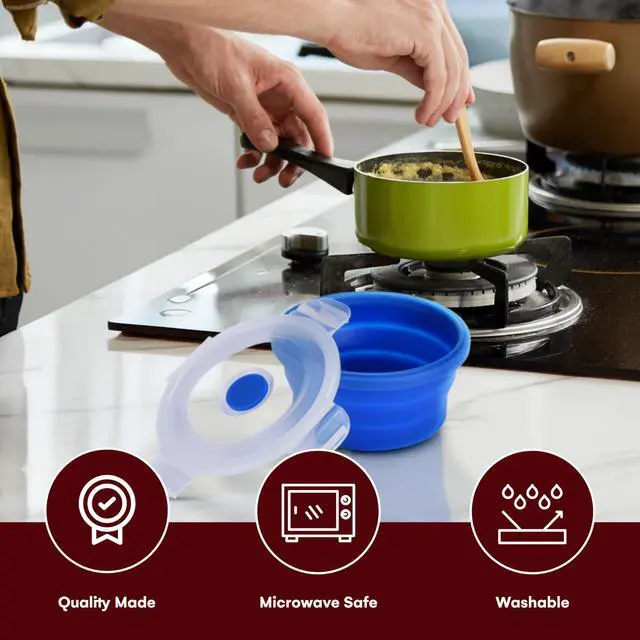 Alt view image 6 of 7 - Collapsible Food Storage Containers with Lids - 13.5oz/0.4L Silicone Bowls with Airtight Lid for Kitchen, Camping - BPA Free, Microwave, Dishwasher and Freezer Safe Lunch Boxes - Salad Bowl Container