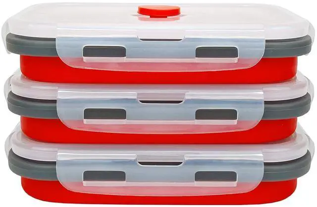 Main image of Set of 3 Collapsible Food Storage Containers with Lids, Collapsible Silicone Bowls, Silicone Lunch Containers, For Meal Prep, Camping, Travel, Microwave and Freezer Safe,500ml,Red