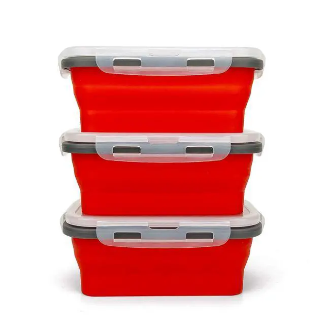 Alt view image 4 of 7 - Set of 3 Collapsible Food Storage Containers with Lids, Collapsible Silicone Bowls, Silicone Lunch Containers, For Meal Prep, Camping, Travel, Microwave and Freezer Safe,500ml,Red