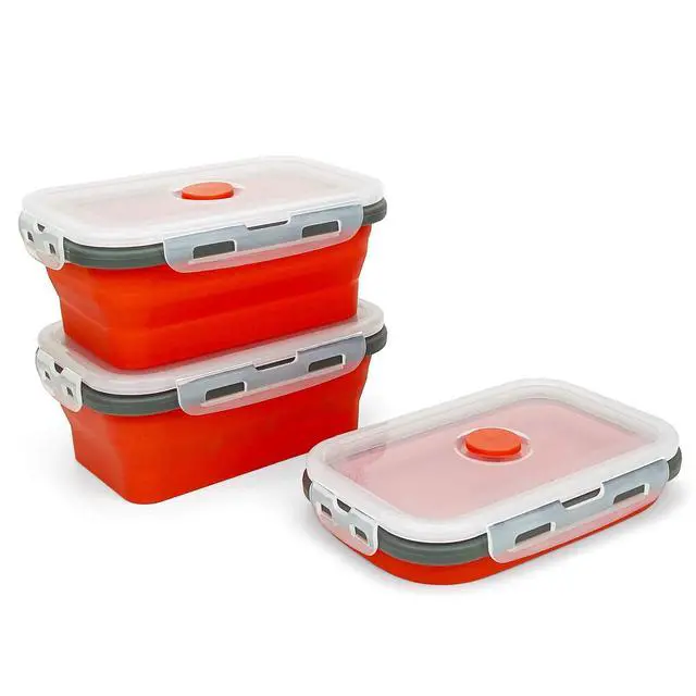 Alt view image 3 of 7 - Set of 3 Collapsible Food Storage Containers with Lids, Collapsible Silicone Bowls, Silicone Lunch Containers, For Meal Prep, Camping, Travel, Microwave and Freezer Safe,500ml,Red