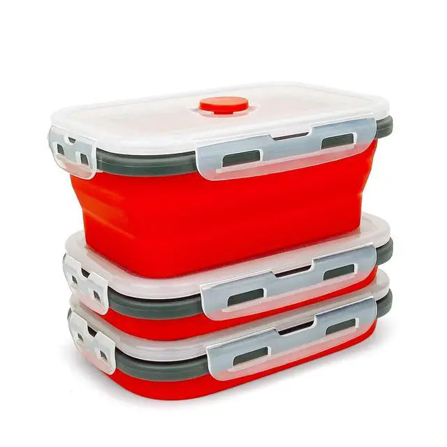 Alt view image 2 of 7 - Set of 3 Collapsible Food Storage Containers with Lids, Collapsible Silicone Bowls, Silicone Lunch Containers, For Meal Prep, Camping, Travel, Microwave and Freezer Safe,500ml,Red