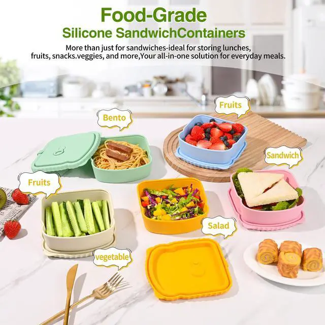 Alt view image 3 of 7 - 2 Pack Silicone Sandwich Container with Leakproof Lids, 15oz Reusable Lunch Box, BPA-Free Silicone Snack Box, Reusable Toast Container for Sandwiches, Snacks, Office, Travel (Yellow+Green)