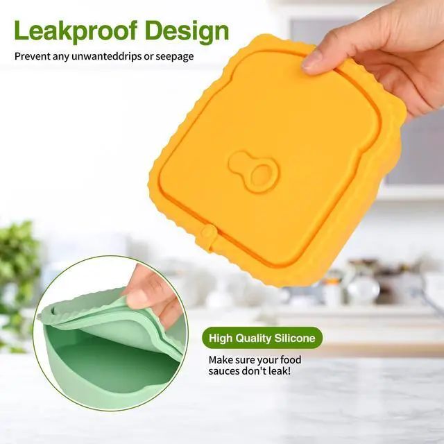 Alt view image 4 of 7 - 2 Pack Silicone Sandwich Container with Leakproof Lids, 15oz Reusable Lunch Box, BPA-Free Silicone Snack Box, Reusable Toast Container for Sandwiches, Snacks, Office, Travel (Yellow+Green)