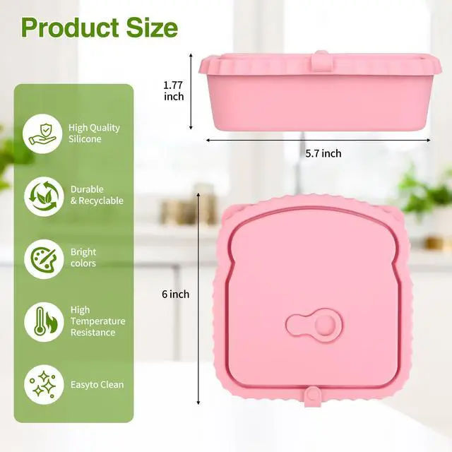 Alt view image 2 of 7 - 2 Pack Silicone Sandwich Container with Leakproof Lids, 15oz Reusable Lunch Box, BPA-Free Silicone Snack Box, Reusable Toast Container for Sandwiches, Snacks, Office, Travel (Yellow+Green)