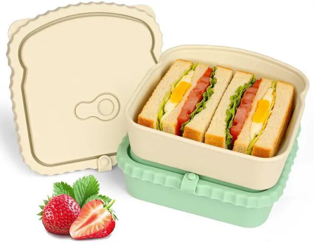 Main image of 2 Pack Silicone Sandwich Container with Leakproof Lids, 15oz Reusable Lunch Box, BPA-Free Silicone Snack Box, Reusable Toast Container for Sandwiches, Snacks, Office, Travel (White+Green)