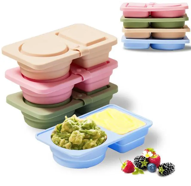 Main image of 4 Pack Silicone Snack Containers with Lids Reusable & Foldable Silicone Double Compartment Leakproof Food Storage Box for Salad Dressing, Sauces, Travel, Picnic, Office