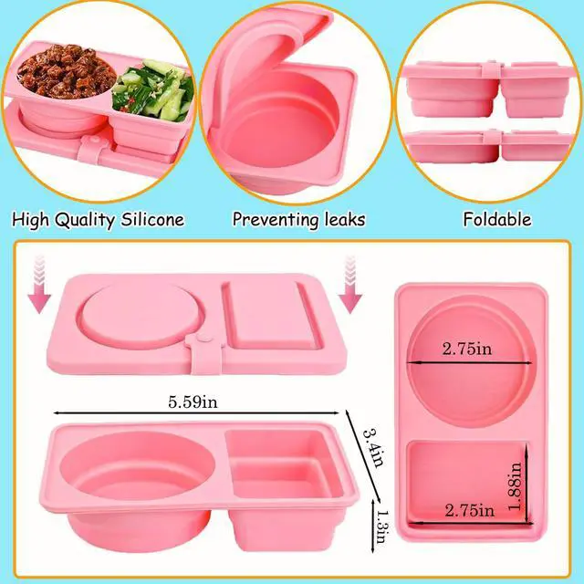 Alt view image 3 of 7 - 4 Pack Silicone Snack Containers with Lids Reusable & Foldable Silicone Double Compartment Leakproof Food Storage Box for Salad Dressing, Sauces, Travel, Picnic, Office