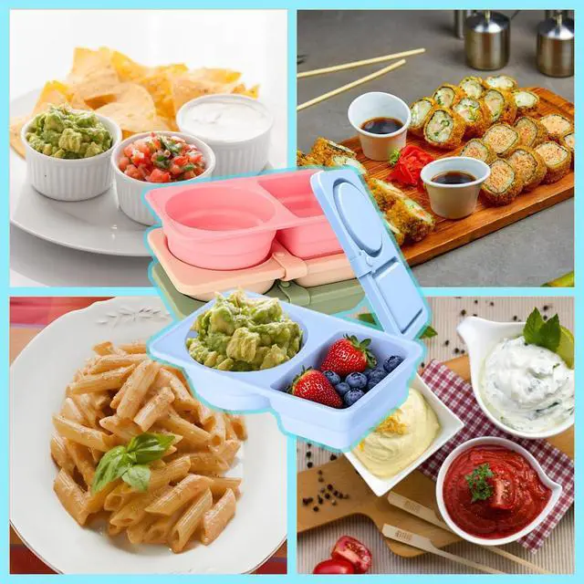 Alt view image 5 of 7 - 4 Pack Silicone Snack Containers with Lids Reusable & Foldable Silicone Double Compartment Leakproof Food Storage Box for Salad Dressing, Sauces, Travel, Picnic, Office
