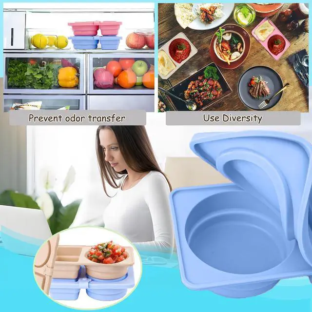 Alt view image 6 of 7 - 4 Pack Silicone Snack Containers with Lids Reusable & Foldable Silicone Double Compartment Leakproof Food Storage Box for Salad Dressing, Sauces, Travel, Picnic, Office