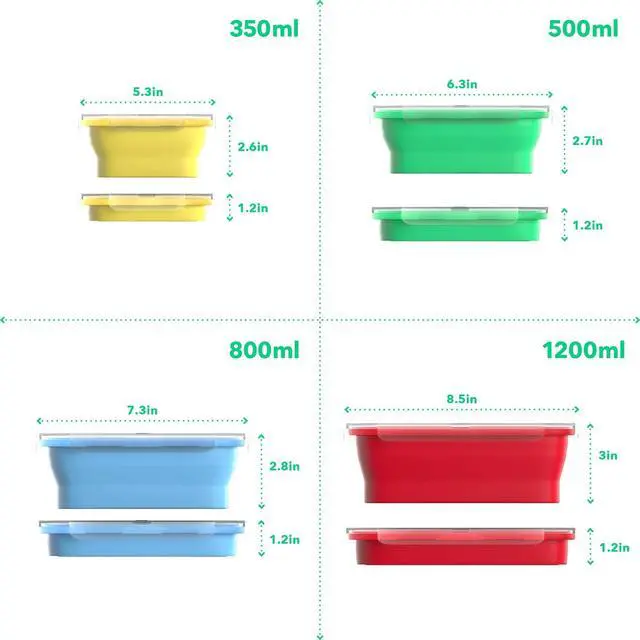 Alt view image 2 of 7 - Silicone Food Storage Containers with BPA Free Airtight Plastic Lids - Set of 4 Small and Large Collapsible Meal Prep Container for Kitchen Lunch Boxes - Microwave and Freezer Safe