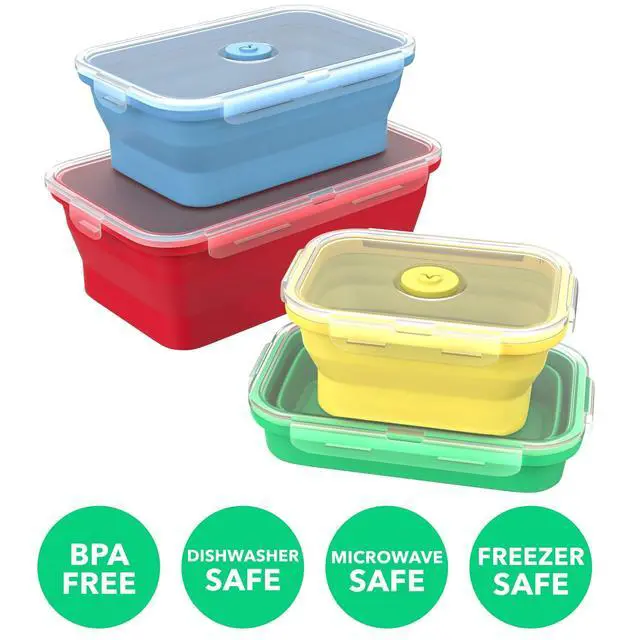 Alt view image 4 of 7 - Silicone Food Storage Containers with BPA Free Airtight Plastic Lids - Set of 4 Small and Large Collapsible Meal Prep Container for Kitchen Lunch Boxes - Microwave and Freezer Safe